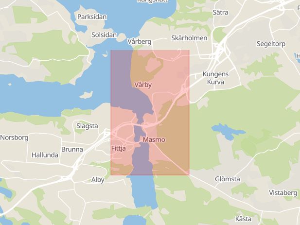Karta som med röd fyrkant ramar in Vårby, Stockholms län
