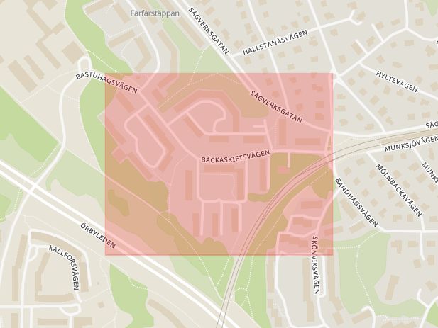Karta som med röd fyrkant ramar in Stureby, Bäckaskiftsvägen, Stockholm, Stockholms län