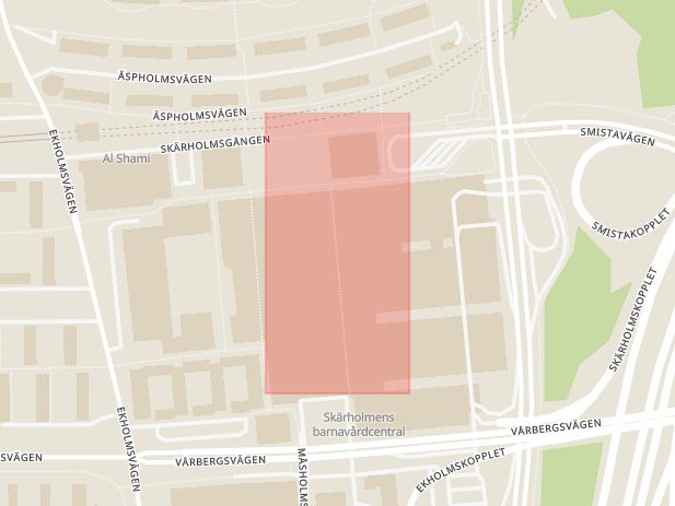 Karta som med röd fyrkant ramar in Skärholmens Centrum, Vårberg, Stockholm, Stockholms län