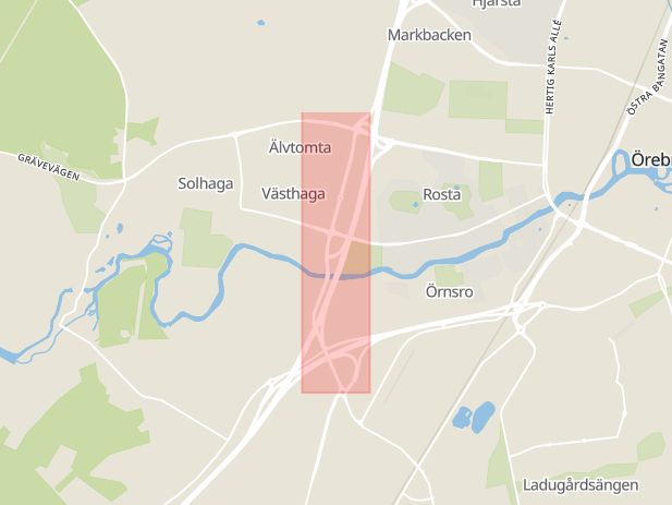 Karta som med röd fyrkant ramar in Oxhagen, Västhagagatan, Örebro, Örebro län