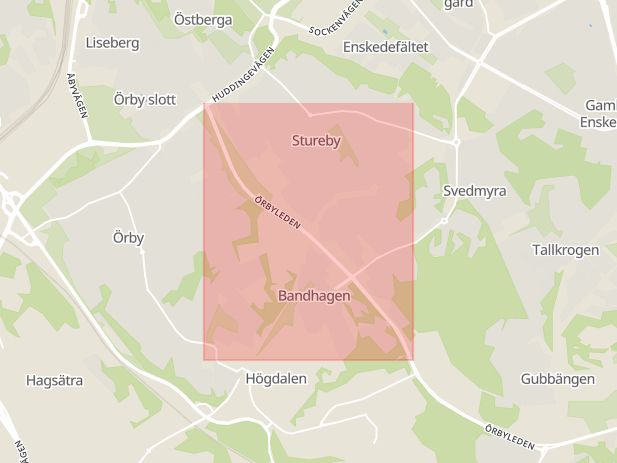 Karta som med röd fyrkant ramar in Stureby, Örbyleden, Stockholm, Stockholms län