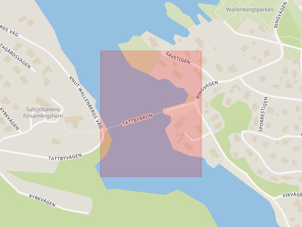 Karta som med röd fyrkant ramar in Tattbybron, Nacka, Stockholms län