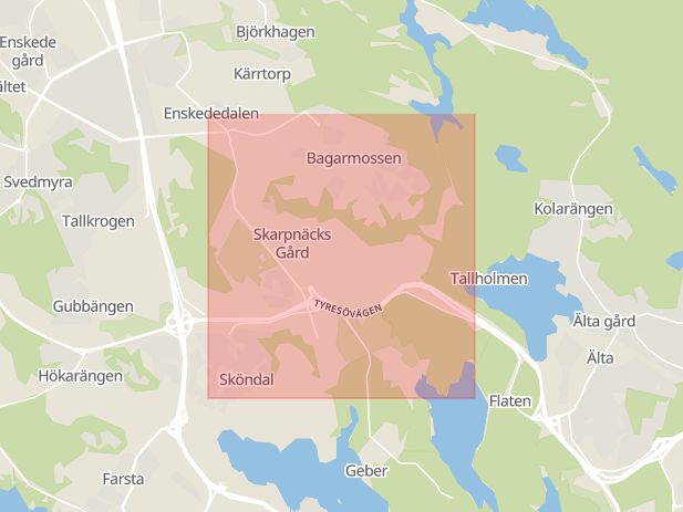 Karta som med röd fyrkant ramar in Skarpnäck, Skarpnäcks Gård, Stockholm, Stockholms län
