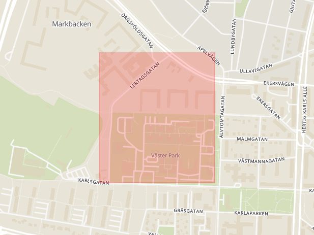 Karta som med röd fyrkant ramar in Lertagsgatan, Örebro, Örebro län