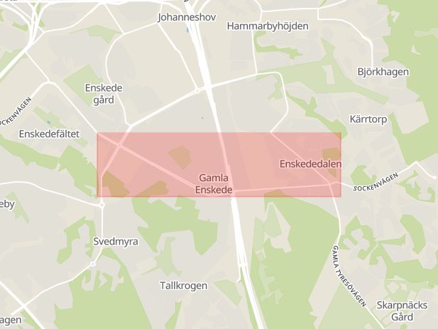 Karta som med röd fyrkant ramar in Gamla Enskede, Sockenvägen, Stockholm, Stockholms län