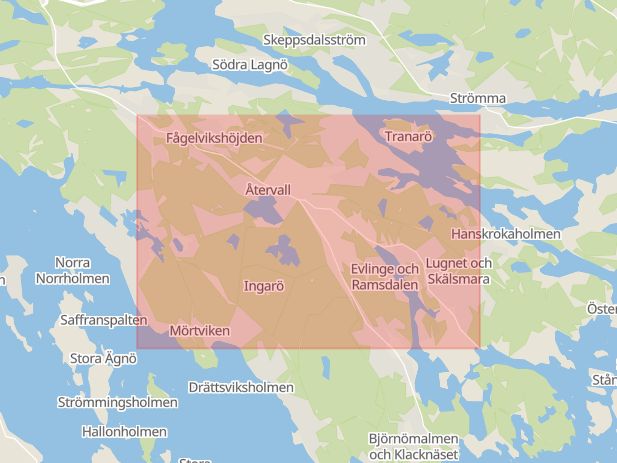 Karta som med röd fyrkant ramar in Eknäsvägen, Brunn, Värmdö, Stockholms län