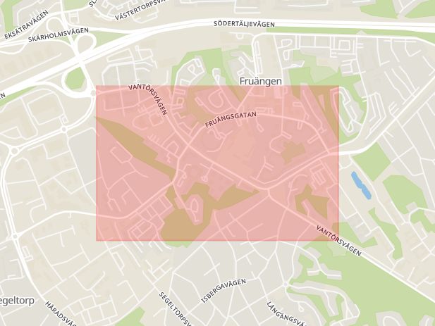 Karta som med röd fyrkant ramar in Fruängen, Vantörsvägen, Stockholm, Stockholms län