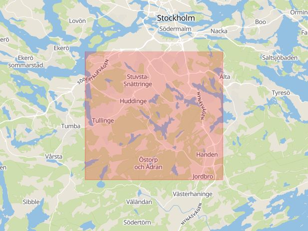 Karta som med röd fyrkant ramar in Sjödalen, Gullmarsplan, Huddinge, Stockholms län