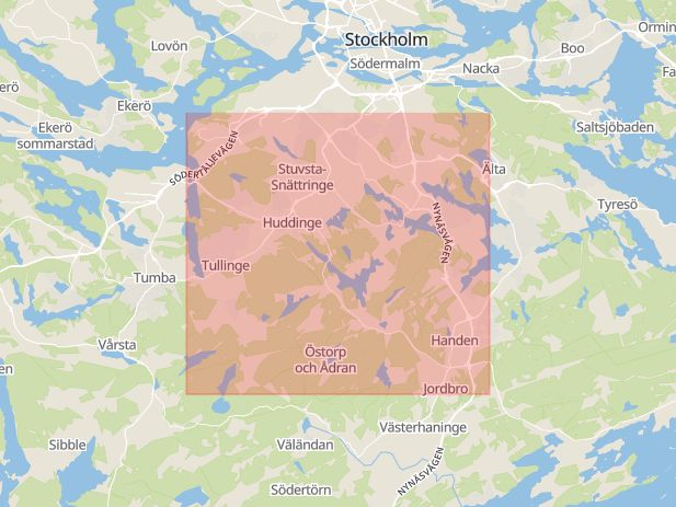 Karta som med röd fyrkant ramar in Gamla Södertäljevägen, Segeltorp, Bakom, Huddinge, Stockholms län