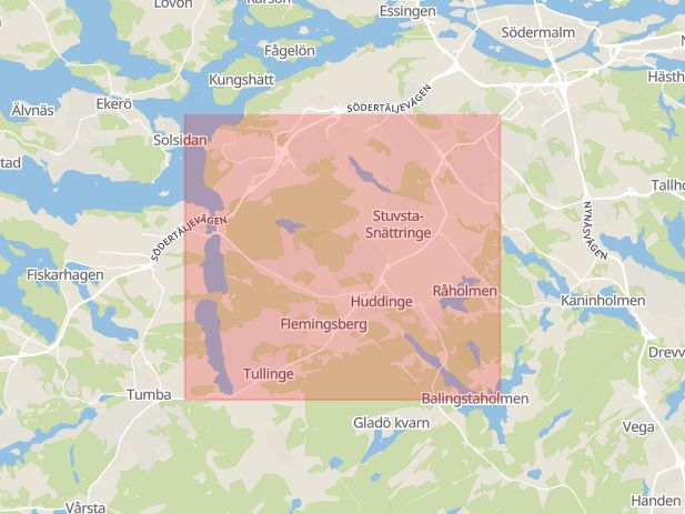 Karta som med röd fyrkant ramar in Huddingevägen, Ormkärr, Huddinge, Stockholms län