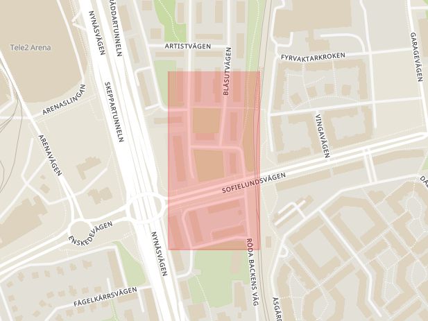 Karta som med röd fyrkant ramar in Södermalm, Götgatan, Folkungagatan, Gullmarsplan, Södra Länken, Skanstullsbron, Sofielundsplan, Stockholm, Stockholms län