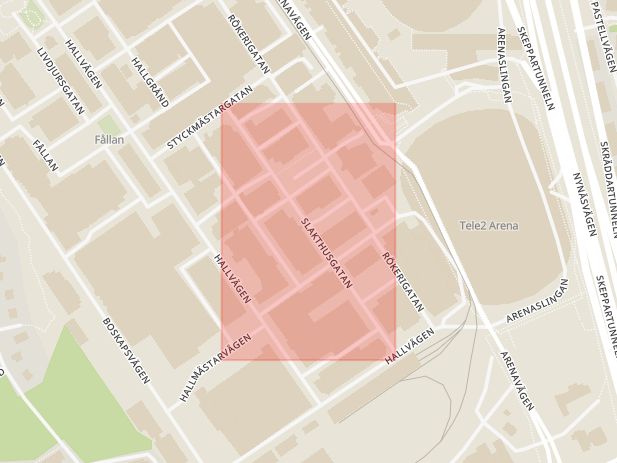 Karta som med röd fyrkant ramar in Slakthusgatan, Johanneshov, Stockholm, Stockholms län