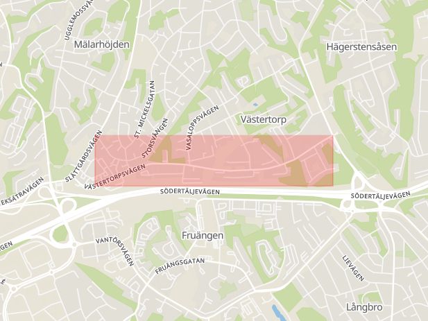 Karta som med röd fyrkant ramar in Västertorp, Västertorpsvägen, Stockholm, Stockholms län