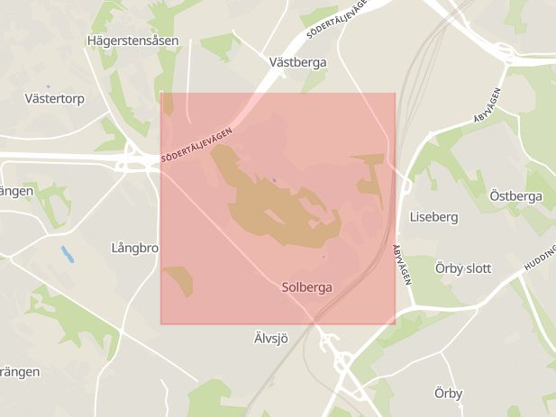 Karta som med röd fyrkant ramar in Solberga, Älvsjö, Stockholm, Stockholms län