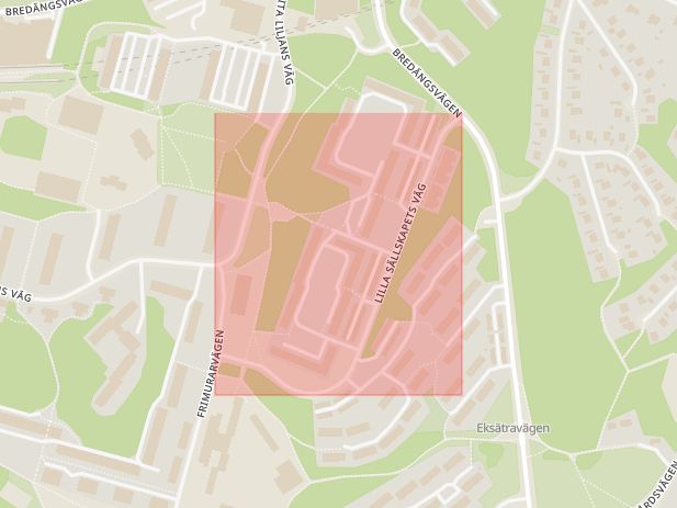 Karta som med röd fyrkant ramar in Bredäng, Lilla Sällskapets Väg, Stockholm, Stockholms län
