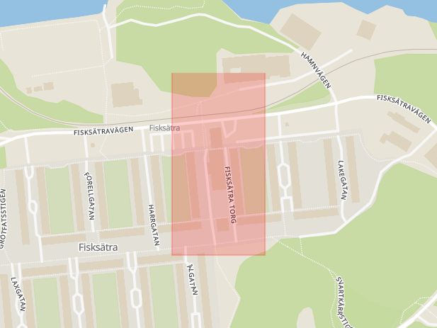 Karta som med röd fyrkant ramar in Fisksätra, Läkaren, Nacka, Stockholms län
