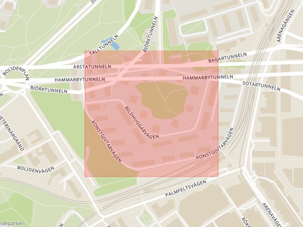 Karta som med röd fyrkant ramar in Bildhuggarvägen, Stockholm, Stockholms län