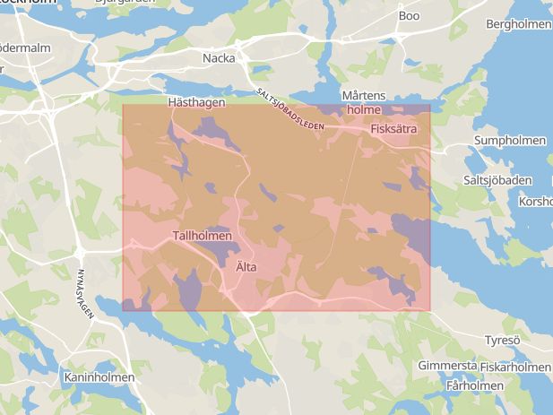 Karta som med röd fyrkant ramar in Älta, Skogsstig, Nacka, Stockholms län