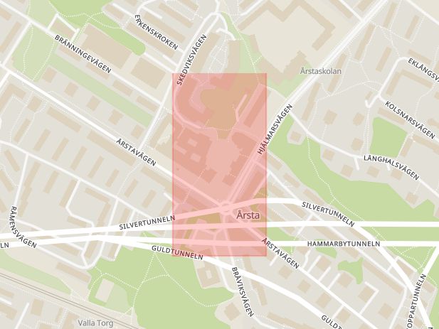 Karta som med röd fyrkant ramar in Årsta Torg, Stockholm, Stockholms län