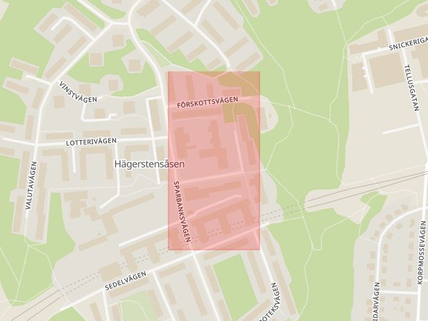 Karta som med röd fyrkant ramar in Hägerstensåsen, Riksdalervägen, Stockholm, Stockholms län