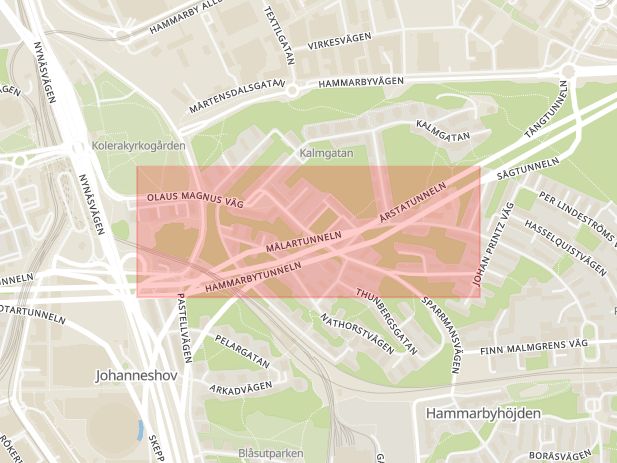 Karta som med röd fyrkant ramar in Hammarbyhöjden, Olaus Magnus Väg, Stockholm, Stockholms län