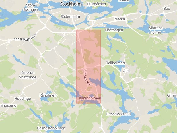 Karta som med röd fyrkant ramar in Nynäsvägen, Gryt, Stockholm, Stockholms län