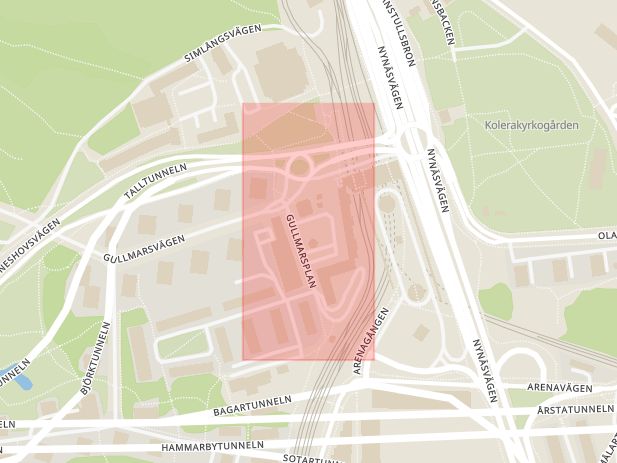 Karta som med röd fyrkant ramar in Tvärbanan, Gullmarsplan, Stockholms län