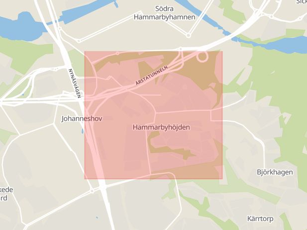 Karta som med röd fyrkant ramar in Kärrtorp, Hammarbyhöjden, Stockholm, Stockholms län
