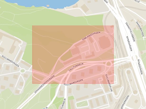 Karta som med röd fyrkant ramar in Årsta, Simlångsvägen, Stockholm, Stockholms län