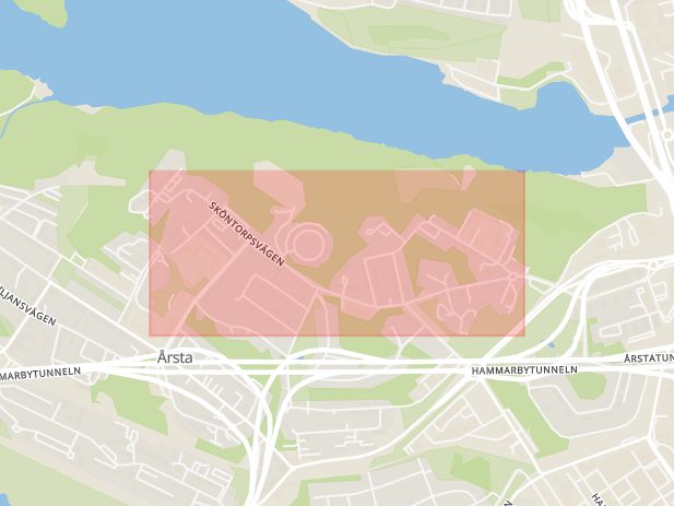 Karta som med röd fyrkant ramar in Årsta, Siljansvägen, Sköntorpsvägen, Stockholm, Stockholms län
