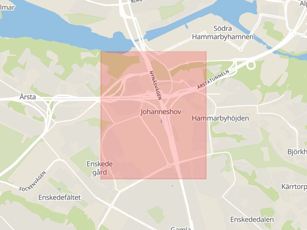 Karta som med röd fyrkant ramar in Fullersta, Johanneshov, Stockholm, Stockholms län