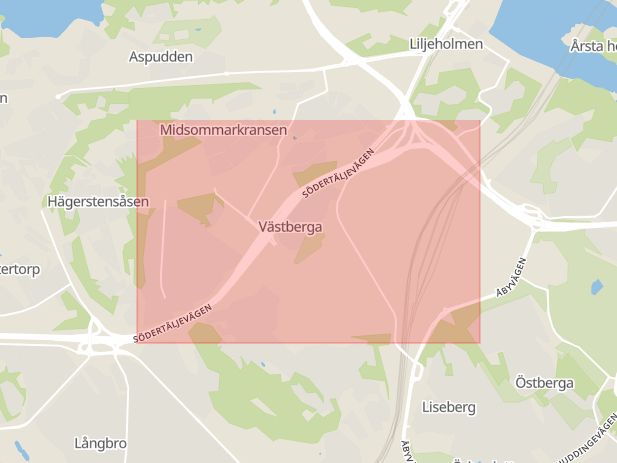 Karta som med röd fyrkant ramar in Västberga, Johanneshov, Höja, Stockholm, Stockholms län