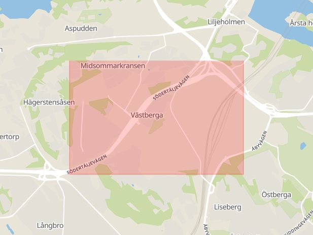Karta som med röd fyrkant ramar in Nynäshamns Kommun, Västberga, Stockholm, Stockholms län