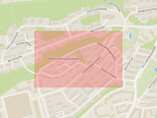 Karta som med röd fyrkant ramar in Kransbindarvägen, Midsommarkransen, Stockholm, Stockholms län