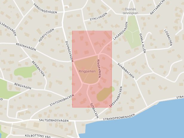 Karta som med röd fyrkant ramar in Duvnäs, Ringparken, Nacka, Stockholms län