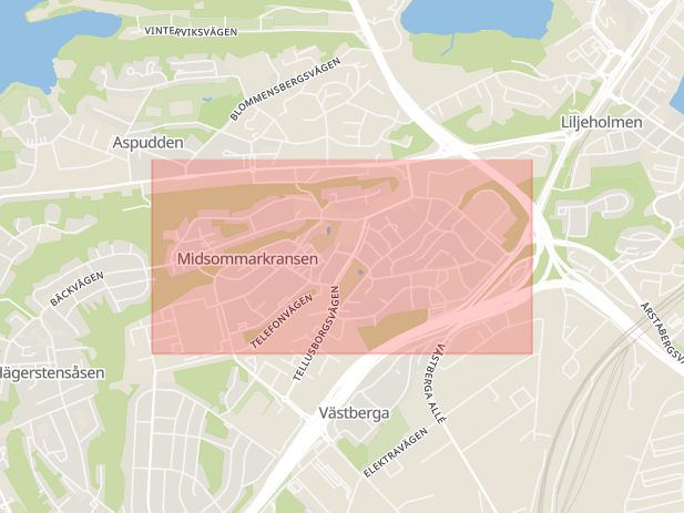 Karta som med röd fyrkant ramar in Östermalm, Midsommarkransen, Stockholm, Stockholms län