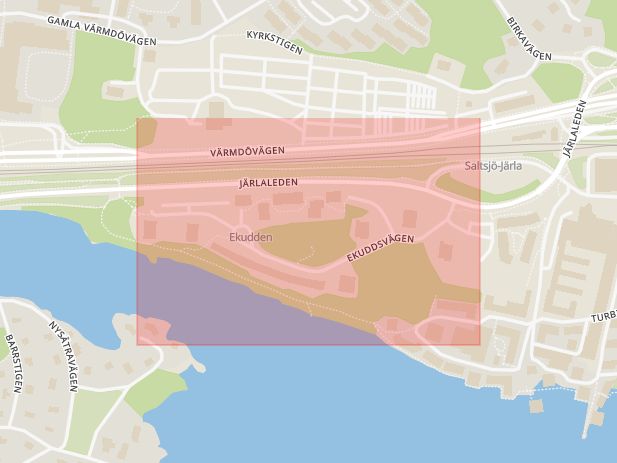 Karta som med röd fyrkant ramar in Järla, Ekuddsvägen, Nacka, Stockholms län