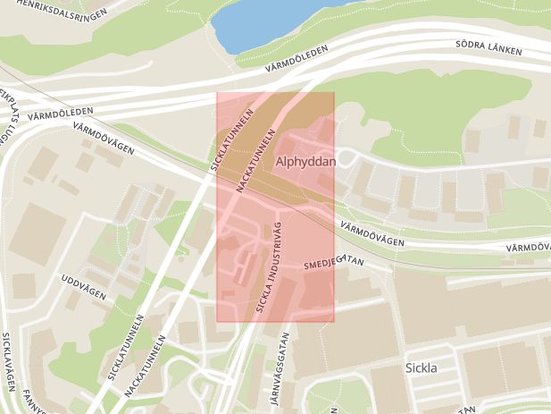 Karta som med röd fyrkant ramar in Sickla, Stockholm, Stockholms län
