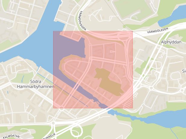 Karta som med röd fyrkant ramar in Hammarby Sjöstad, Södra Hammarbyhamnen, Stockholm, Stockholms län