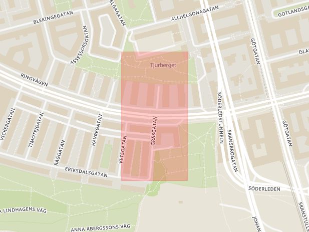 Karta som med röd fyrkant ramar in Södermalm, Ringvägen, Gräsgatan, Stockholm, Stockholms län