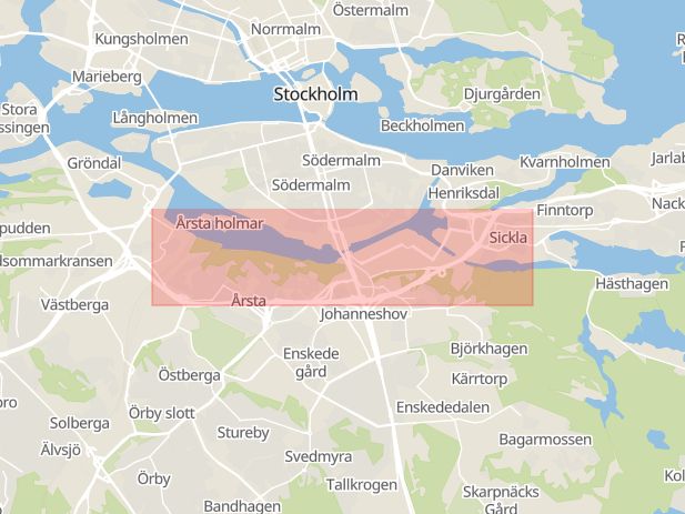 Karta som med röd fyrkant ramar in Enskede, Södra Länken, Gustavsberg, Hammarby Sjöstad, Stockholm, Stockholms län