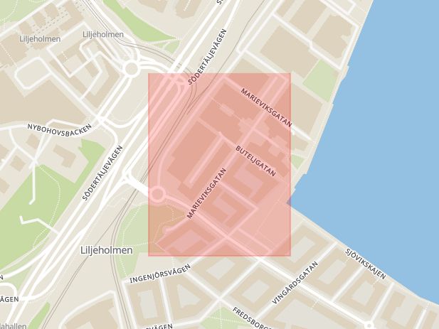 Karta som med röd fyrkant ramar in Årstaängsvägen, Marieviksgatan, Liljeholmen, Stockholm, Stockholms län