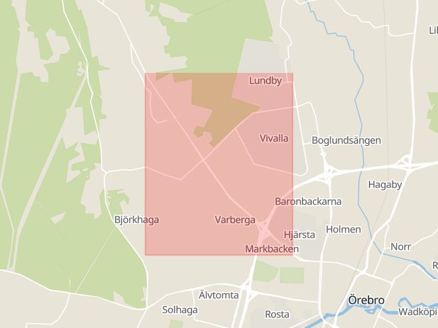 Karta som med röd fyrkant ramar in Varberga, Ekersvägen, Örebro, Örebro län