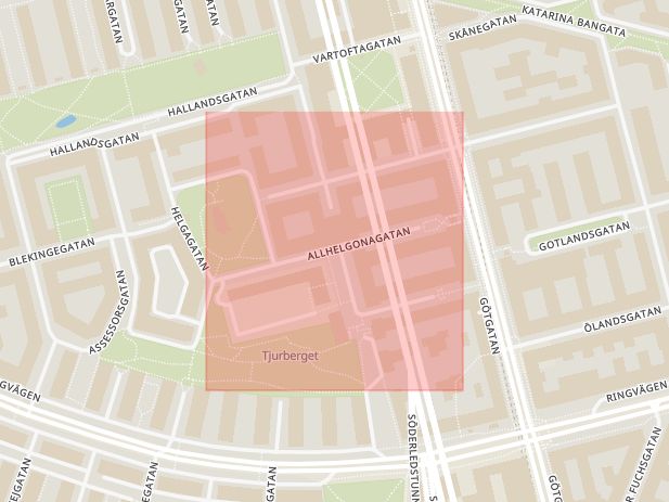 Karta som med röd fyrkant ramar in Södermalm, Allhelgonagatan, Stockholm, Stockholms län