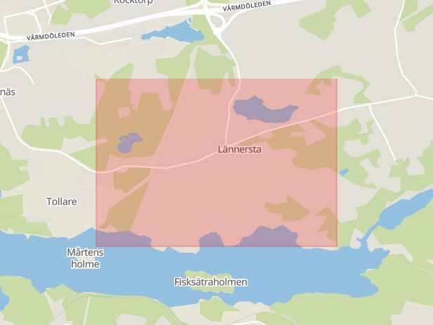 Karta som med röd fyrkant ramar in Lännersta, Björknäs, Nacka, Stockholms län