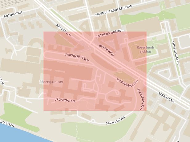 Karta som med röd fyrkant ramar in Södermalm, Sjukhusbacken, Stockholm, Stockholms län