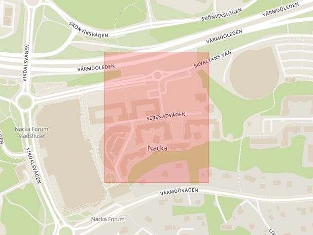 Karta som med röd fyrkant ramar in Serenadvägen, Nacka, Stockholms län