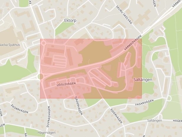 Karta som med röd fyrkant ramar in Duvnäs, Ugglevägen, Nacka, Stockholms län