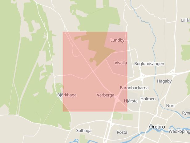 Karta som med röd fyrkant ramar in Karlskoga, Örebro, Varberga, Storängen, Aggerud, Örebro län
