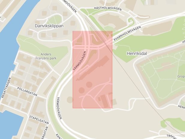 Karta som med röd fyrkant ramar in Henriksdal, Södermalm, Nacka, Stockholms län